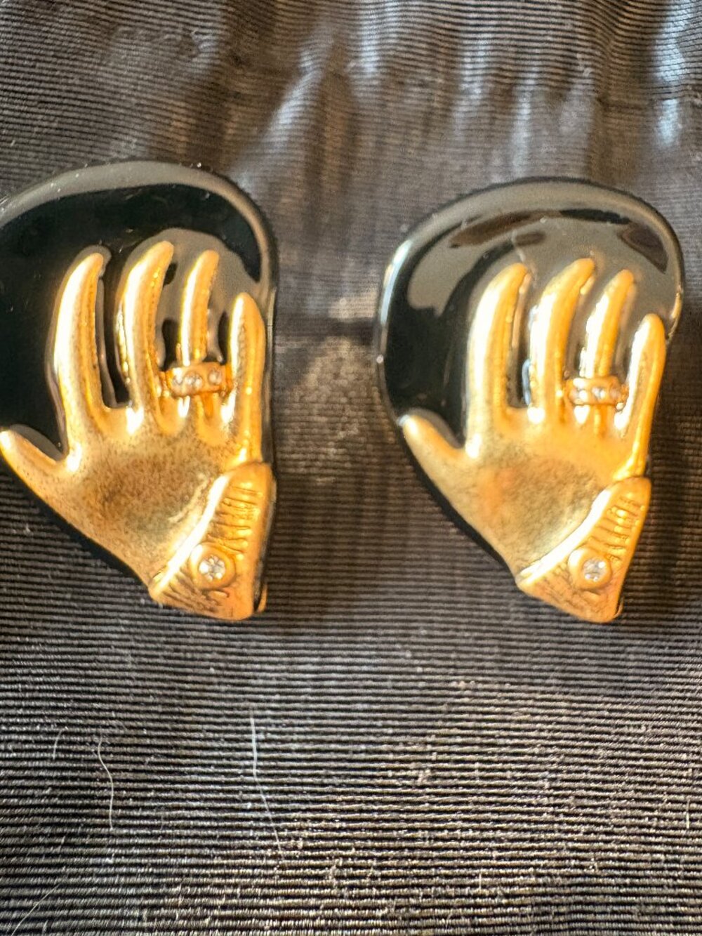 Schiaparelli Gold Black Hand Motif Pierced Earrings Crystal Statement